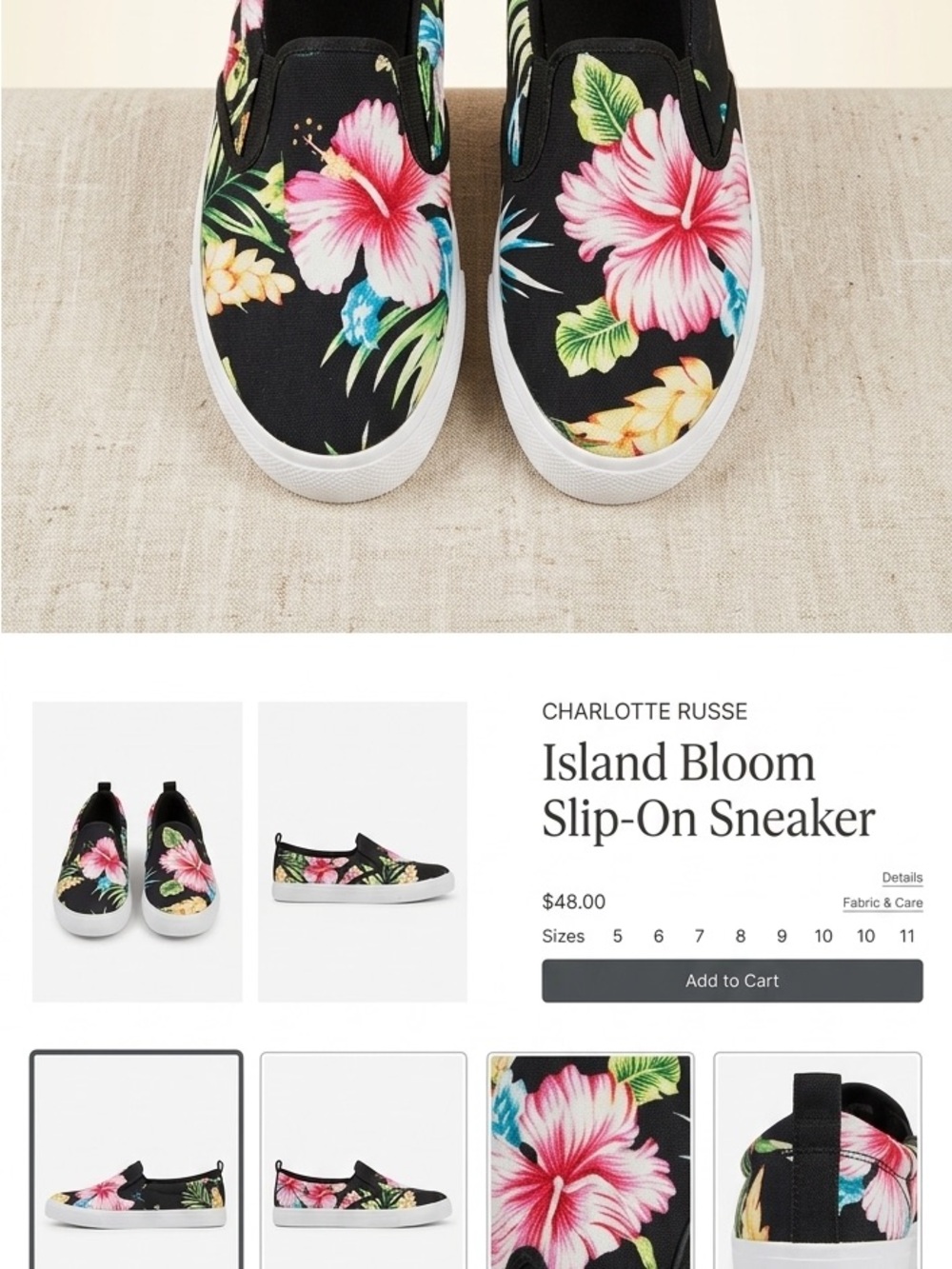 Charlotte Russe Black Floral Slip-On Sneakers with Pink & Green Accents